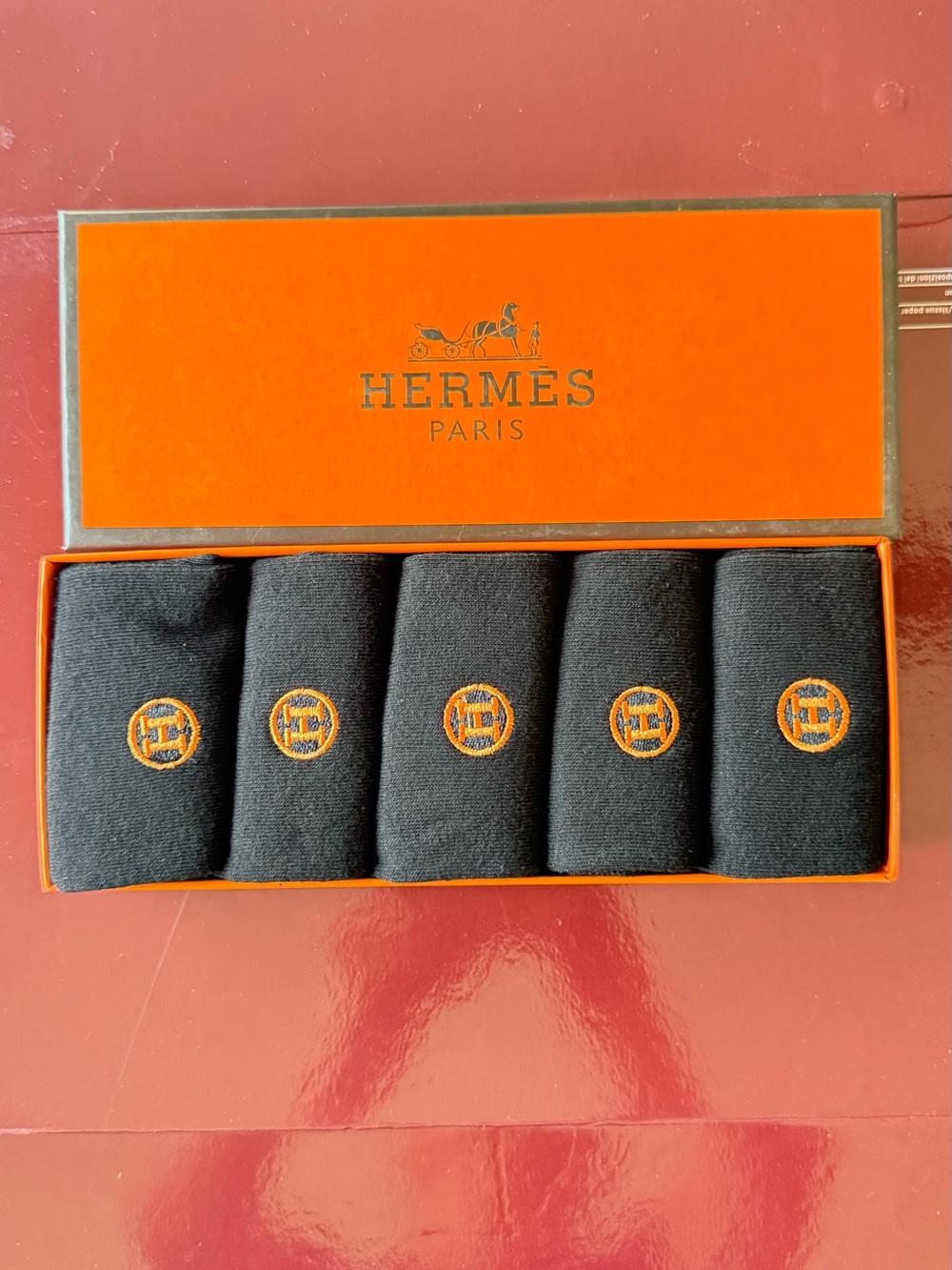 Hermes Black Socks with Orange Logo Set of 5